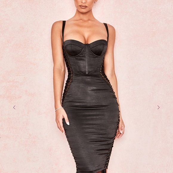 House of CB Angelina Black Satin Lace Up Corset Dress - Picture 3 of 16